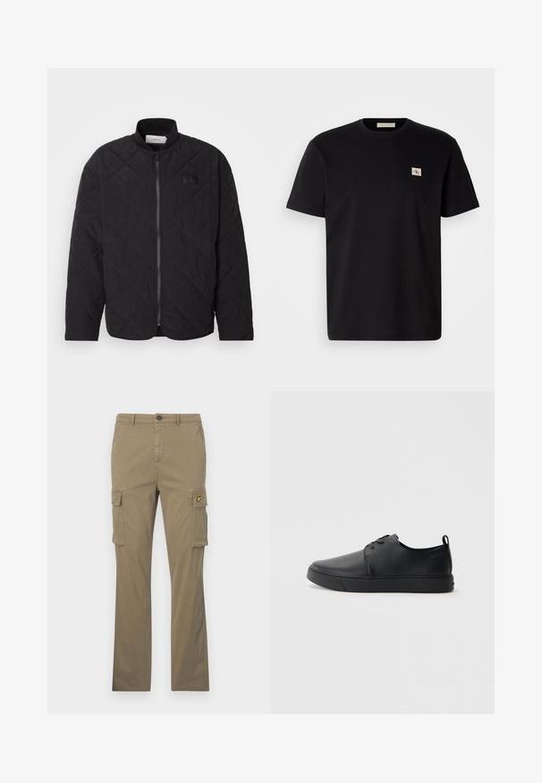 Black quilted jacket with a stand collar, zip closure, and a subtle logo patch. Features a textured finish and diamond-shaped patterns.; Black cotton t-shirt with short sleeves, crew neck, and a small embroidered logo on the left chest. Smooth texture, regular fit.; Khaki cargo pants made of cotton with straight legs, two side pockets, and a small yellow logo patch on the left pocket.; Black leather sneaker with a smooth finish, rounded toe, tonal stitching, lace-up front, and a flat rubber sole. Loop at the heel.