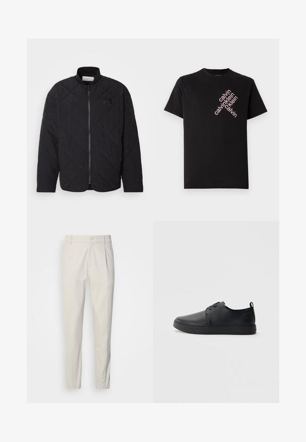 Jaqueta preta acolchoada com colarinho alto, fecho de correr e um discreto emblema. Apresenta um acabamento texturizado e padrões em forma de losango.; T-shirt preto em algodão com impressão diagonal do logotipo "calvin klein" em rosa na parte frontal. Mangas curtas e decote redondo.; Calças de alfaiataria em bege claro com uma textura suave, frente plissada e ajuste slim. Apresentam um fecho de botão único e passantes para cinto.; Sapatilha de couro preta com um acabamento liso, bico arredondado, costura ton sur ton, frente com atacadores e sola plana de borracha. Alça no calcanhar.