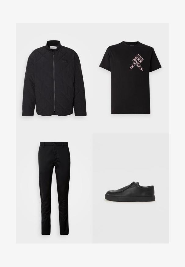 Black quilted jacket with a stand collar, zip closure, and a subtle logo patch. Features a textured finish and diamond-shaped patterns.; Black cotton T-shirt featuring a diagonal pink "calvin klein" logo print on the front. Short sleeves and rounded neckline.; Black trousers with a slim fit, made of smooth fabric. Features a waistband with a button closure and straight-cut legs.; Black leather slip-on shoe with a rounded toe, stitched detailing, and black rubber sole. Smooth texture with minimalistic design.
