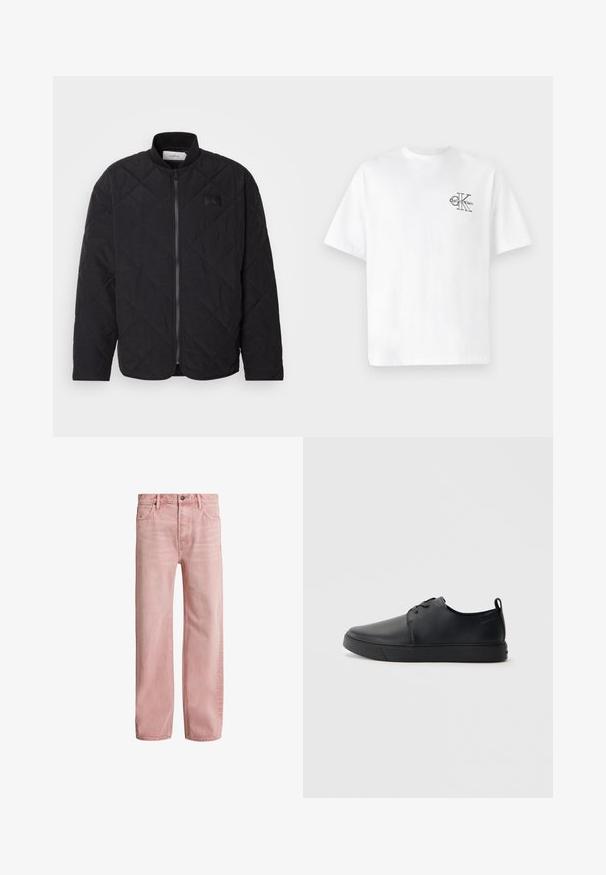 Melnā zizļu jakas ar stāvu apkakli, ar rāvējslēdzēju un mazu logotipa uzlīmi. Iespējamās struktūras apdare un dimanta formas raksti.; Balta kokvilnas T-krekls ar īsām piedurknēm, apaļo kaklu, ar melnu CK logotipu kreisajā krūšu zonā, standarta piegriezums, gluda tekstūra.; AllSaints LENNY - Brīva piegriezuma džinsi - light pink; Melnas ādas kedas ar gludu apdari, noapaļota purngala, tonāla šuvēm, auklu fronti un plakanu gumijas zoli. Cilpa pie papēža.