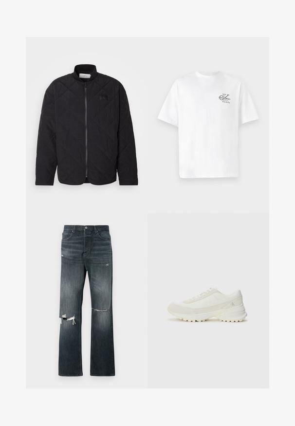 Melnā zizļu jakas ar stāvu apkakli, ar rāvējslēdzēju un mazu logotipa uzlīmi. Iespējamās struktūras apdare un dimanta formas raksti.; Balta kokvilnas T-krekls ar īsām piedurknēm, apaļo kaklu, ar melnu CK logotipu kreisajā krūšu zonā, standarta piegriezums, gluda tekstūra.; Tumšo mazgāto džinsu bikses ar brīvu piegriezumu, kurām ir divi nolietoti ceļa plēsumi, standarta pogu aizdare un piecu kabatu dizains.; Baltas sporta apavi ar tīkla un zamša virsu, noapaļota purngala, plakaniem šņorēšanas lentēm un strukturētu, biezu gumijas zoli. Logo sānos un uz papēža.