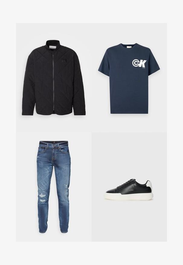 Mustmustriid jakki kõrgendatud krae, tõmblukuga ja diskreetne logo silt. Omab tekstuuriga pinda ja teemantkujundeid.; Tumesinine lühikeste varrukatega ümara kaelusega T-särk, millel on valge CK logo ja vasakul rinnal kiri "Calvin Klein".; Heledad sinised teksad, millel on kitsas istuvus, jaotustükid, pleekinud tekstuur ning standardne piht nööbiga sulgemiseks.; Mustad musta nahast jooksutossud valge kummist tallaga. Omavad ümmargust ninakujuga disaini, paeltega kinnitust ja logo detaili külgedel. Tagumine aktsent on valge.