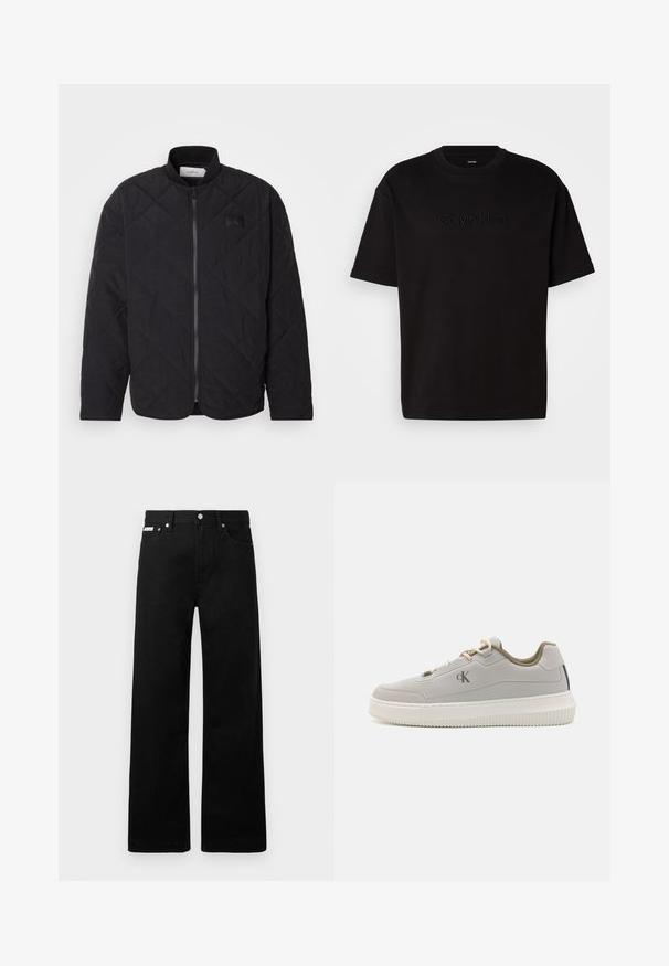 Melnā zizļu jakas ar stāvu apkakli, ar rāvējslēdzēju un mazu logotipa uzlīmi. Iespējamās struktūras apdare un dimanta formas raksti.; Melnas kokvilnas t-krekls ar īsām piedurknēm, priekšpusē ar reljefu "Calvin Klein" logotipu, apaļš kakla izgriezums un brīvs piegriezums.; Melni džinsi ar platajiem bikšu dizainu, ar piecām kabatām un metāla pogām. Gluda tekstūra, bez redzamām rakstu detaļām.; Gaišpelēka sporta apava ar gludu tekstūru, balta gumijas zole, bēšas auklas un smalka zīmola identifikācija. Iespējams zema profila dizains un ar mīkstinātu apkaklīti.