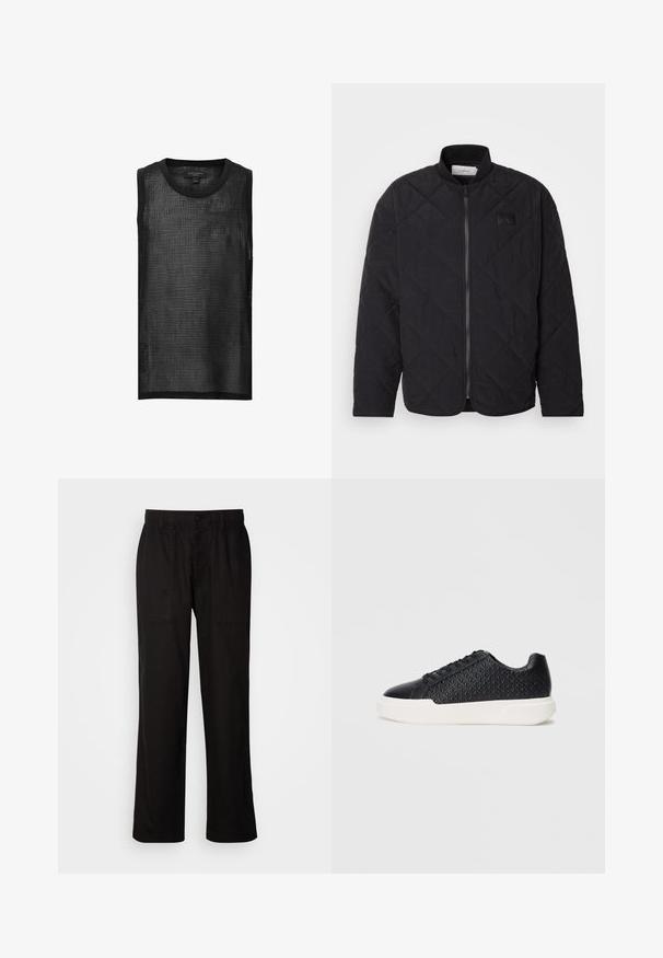 Mustmustriid jakki kõrgendatud krae, tõmblukuga ja diskreetne logo silt. Omab tekstuuriga pinda ja teemantkujundeid.; Must have must kaelust sossik ei ole ja see toob esile ruudustiku mustri, ümmarguse kaeluse ja toores servad. Kerge ja hingav kangas, millel on vabalt langev lõige.; Mustad lõdva istuvusega mustad püksid, mis on valmistatud kergest kangast. Omavad elastset vöökohta, nööbiga sulgemist ja kahte esist taskut.; Must have geomeetrilise tekstuuriga must spordijalats külgedel, siledaga varbakattega ja valge kummitald. Omab ümmarguseid paelu ja madalat disaini.