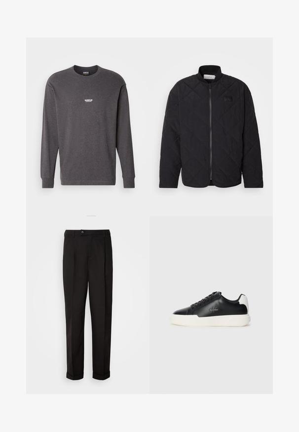 Mustmustriid jakki kõrgendatud krae, tõmblukuga ja diskreetne logo silt. Omab tekstuuriga pinda ja teemantkujundeid.; Pika pikkade käistega hall T-särk, mis on valmistatud puuvillast. Omab ümmargust kaelust ja valget "Barbour International" logo rinna piirkonnas. Sirge lõige.; Mustad püksid siledast kangast, sirge lõikega, kahe esipocketiga ja ühe nööbiga vöökoha kinnitamiseks.; Mustad musta nahast jooksutossud valge kummist tallaga. Omavad ümmargust ninakujuga disaini, paeltega kinnitust ja logo detaili külgedel. Tagumine aktsent on valge.