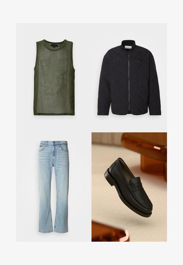 Czarna pikowana kurtka ze stójką, z zamkiem błyskawicznym i subtelną naszywką z logo. Posiada teksturowane wykończenie oraz wzory w kształcie diamentów.; Oliwkowy siatkowy top bez rękawów z okrągłym dekoltem, z teksturowanej tkaniny z całkowitym wzorem w kratkę.; Jasnoniebieskie dżinsy z prostymi nogawkami, posiadające pięć kieszeni, zapięcie na guzik oraz subtelne wyblaknięcia na tkaninie.; Czarna skórzana mokasyna o fakturowanym wykończeniu, z przeszywanym szwem i gumową podeszwą. Położona na jasnej powierzchni.