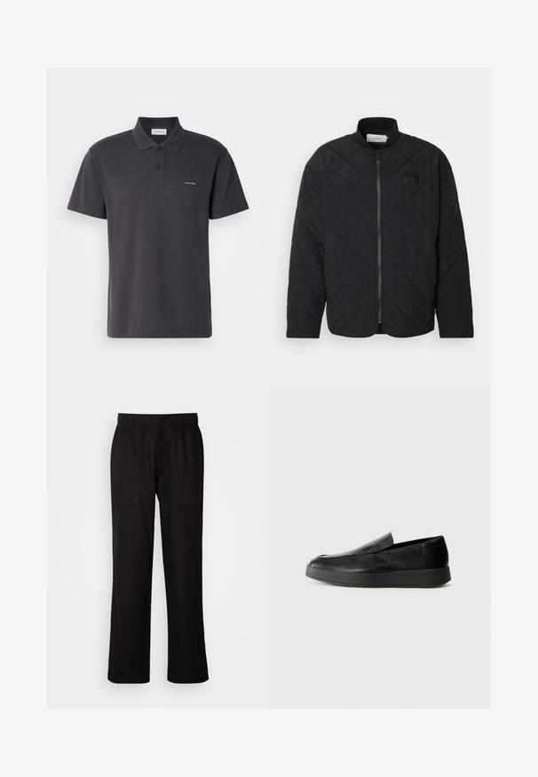 Mustmustriid jakki kõrgendatud krae, tõmblukuga ja diskreetne logo silt. Omab tekstuuriga pinda ja teemantkujundeid.; Tumehall polo-särk, mis on valmistatud siledast kangast, millel on krae, kahe nupuga esitasku ja väike brodeeritud logo rinnal.; Mustad lõdva istuvusega mustad püksid, mis on valmistatud kergest kangast. Omavad elastset vöökohta, nööbiga sulgemist ja kahte esist taskut.; Calvin Klein HYBRID CUP - Jalga libistatavad jalanõud - triple black