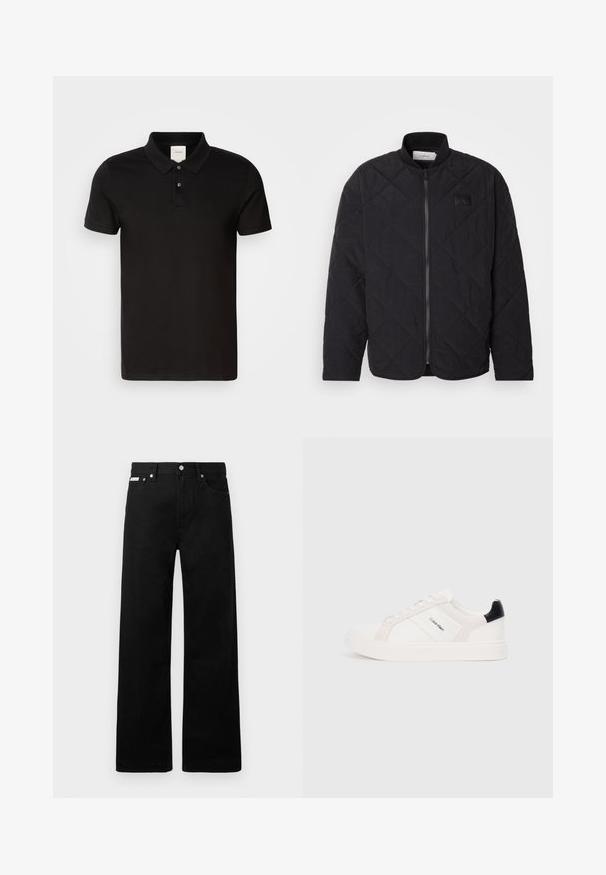 Jaqueta preta acolchoada com colarinho alto, fecho de correr e um discreto emblema. Apresenta um acabamento texturizado e padrões em forma de losango.; Polo preto feito de tecido suave com colarinho clássico. Apresenta dois botões no pescoço, mangas curtas e um logótipo discreto no peito.; Calças de ganga pretas com um design de pernas largas, apresentando cinco bolsos e fechos metálicos. Textura suave, sem padrões visíveis.; Sapatilhas brancas com detalhes em rosa claro e preto, apresentando painéis de couro liso e camurça, biqueira redonda e sola de borracha plana.