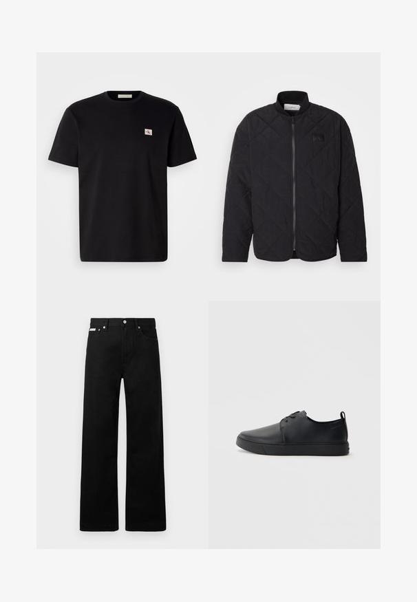 Jaqueta preta acolchoada com colarinho alto, fecho de correr e um discreto emblema. Apresenta um acabamento texturizado e padrões em forma de losango.; T-shirt de algodão preto com mangas curtas, gola redonda e um pequeno logotipo bordado no lado esquerdo do peito. Textura suave, corte regular.; Calças de ganga pretas com um design de pernas largas, apresentando cinco bolsos e fechos metálicos. Textura suave, sem padrões visíveis.; Sapatilha de couro preta com um acabamento liso, bico arredondado, costura ton sur ton, frente com atacadores e sola plana de borracha. Alça no calcanhar.