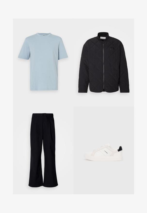Črna prešita jakna s stojnim ovratnikom, zadrgo in subtilno logotipno nalepko. Ima teksturirano površino in obliko diamanta.; Svijetloplava pamučna majica s okruglim izrezom, kratkim rukavima i ravnim rubom. Glatka tekstura i minimalistički dizajn, bez uzoraka ili akcenta.; Črne široke hlače iz bombaža s sprednjim naborkom, opremljene z gumbom in zankami za pas, gladke teksture in brez vidnih vzorcev.; Beli športni čevlji z svetlo roza in črnimi detajli, ki imajo gladke usnjene in semiš panele, okroglo konico in plitki gumijasti podplat.