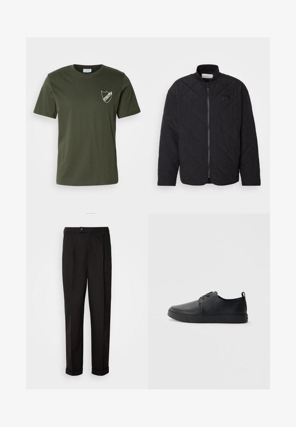 Fekete, steppelt dzseki álló gallérral, cipzáras záródással és diszkrét logófátyollal. Jellemzője a texturált felület és a gyémánt alakú mintázat.; Olive zöld pamut póló kerek nyakkal, rövid ujjakkal és egy kis hímzett pajzs logóval a bal mellrészen. Sima textúrájú.; Fekete nadrág sima textúrával, egyenes szabással, két elülső zsebbel és egy gombbal zárható derékkal.; Fekete bőr sportcipő sima felülettel, lekerekített orral, azonos színű varrással, fűzős elülső résszel és lapos gumitalppal. Hurok a sarkán.