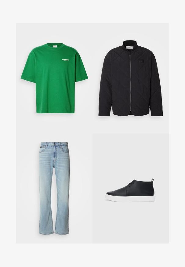 Melnā zizļu jakas ar stāvu apkakli, ar rāvējslēdzēju un mazu logotipa uzlīmi. Iespējamās struktūras apdare un dimanta formas raksti.; Zaļš kokvilnas T-krekls ar brīvu piegriezumu, īsām piedurknēm un apaļu kakla izgriezumu. Priekšpusē ir neliels balts logotips.; Gai zila denim bikses ar taisnu kāju griezumu, kurām ir piecas kabatas, pogu aizdare un viegla izbalēšana uz auduma.; Melnas ādas augstas tenisa kurpes ar gludu apdari, baltu gumijas zoli un vienkāršu šņorēšanas dizainu. Aizmugurē ir vilkšanas cilpa.