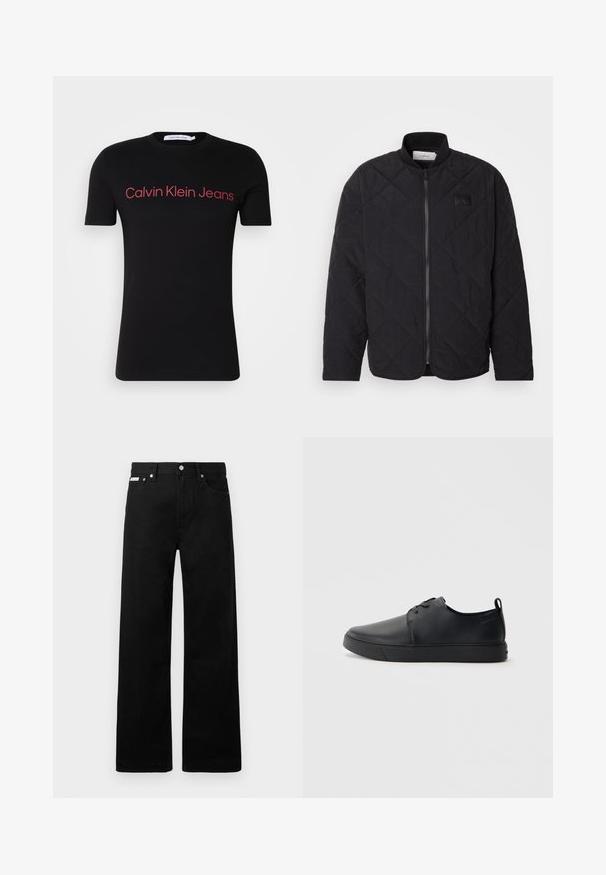 Juodas siuvinėtas švarkas su stovinčiu apykakle, užtrauktuku ir subtilia logotipo etikete. Siūlo tekstūruotą paviršių ir deimanto formos raštus.; Juodas trumpomis rankovėmis medvilnės marškinėliai su apvaliu iškirpimu. Raudonas "Calvin Klein Jeans" logotipas per krūtinę, paprastas dizainas, be papildomų raštų.; Juodos džinsinės kelnės su plačiu kojų dizainu, turinčios penkias kišenes ir metalinius sagčių akcentus. Lygus paviršius, be matomų raštų.; Juodos odinės sportinės bateliai su lygiu paviršium, suapvalinta nosimi, toniniais siūlais, raištelių užsegimu priekyje ir plokščiu guminiu padu. Kilpelė ant kulno.