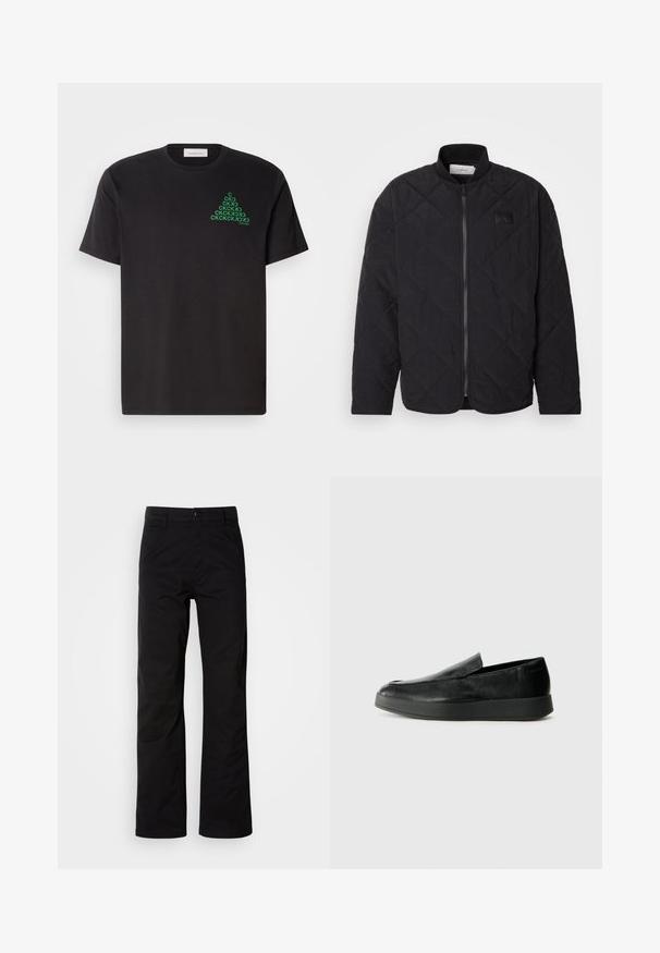 Svart quilted jakke med ståkrage, glidelås og en subtil logo-patch. Har en teksturert overflate og diamantformede mønstre.; Svart bomull T-skjorte med korte ermer, med en grønn pyramideformet logodesign på venstre bryst. Rund halslinning.; Svarte bomullsbukser med rett ben-design, med knappelukking og beltehemper. Glatt tekstur og minimalistisk stil uten synlige mønstre.; Calvin Klein HYBRID CUP - Slippers - triple black
