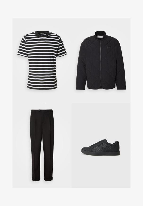 Černá prošívaná bunda se stojáčkem, zipovým zapínáním a jemným logem. Disponuje texturovaným povrchem a vzory ve tvaru diamantu.; Černobíle pruhované tričko s kulatým výstřihem, krátkými rukávy a malým vyšitým nápisem "MN" na přední straně. Vyrobeno z jemné bavlněné tkaniny.; Černé kalhoty s hladkou texturou, rázovaného střihu, dvěma předními kapsami a jedním knoflíkovým zapínáním v pase.; Černé tenisky s texturovaným diamantovým vzorem na boční straně, kulatou špičkou, plochou podrážkou a šněrováním.