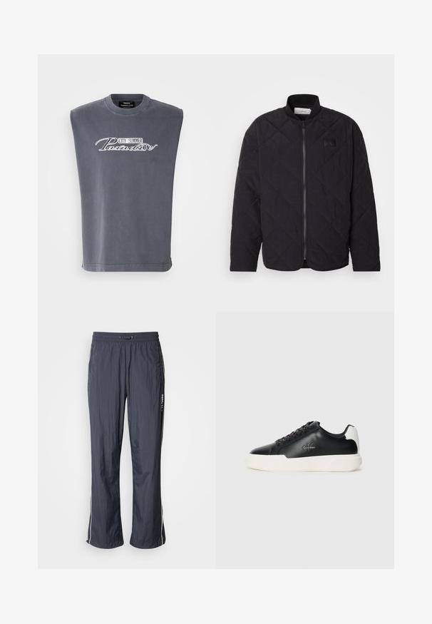 Giacca nera trapuntata con colletto alto, chiusura con zip e una discreta patch con logo. Presenta una finitura testurizzata e motivi a forma di diamante.; T-shirt grigia senza maniche in morbido tessuto, con scollatura rotonda e un design stampato con la scritta "CITY SUMMER Paradise" in bianco.; Pantaloni da jogging leggeri blu navy con vita elasticizzata, tasche laterali e strisce bianche decorative sui lati. Texture liscia.; Sneakers in pelle nera con suola in gomma bianca. Presentano punta rotonda, design con lacci e dettaglio del logo sul lato. Accento posteriore in bianco.