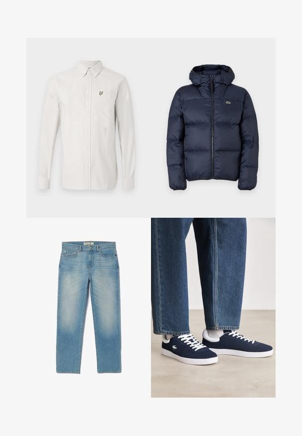 Chaqueta acolchada de color azul marino con cierre de cremallera en la parte delantera y capucha. Presenta un diseño acolchado y un pequeño logo bordado en el pecho. Tejido sintético suave.; Camisa blanca de algodón de manga larga. Presenta un pequeño logo de pájaro bordado en verde en el bolsillo izquierdo del pecho.; Jeans de mezclilla azul claro con un diseño de pierna recta, cinco bolsillos y un lavado ligeramente desgastado. Presentan herrajes plateados y una etiqueta de marca en la cinturilla.; Zapatillas de lona azules con cordones blancos y suelas de goma, mostradas con pantalones de mezclilla y calcetines de canalé grises, sobre una superficie gris claro.
