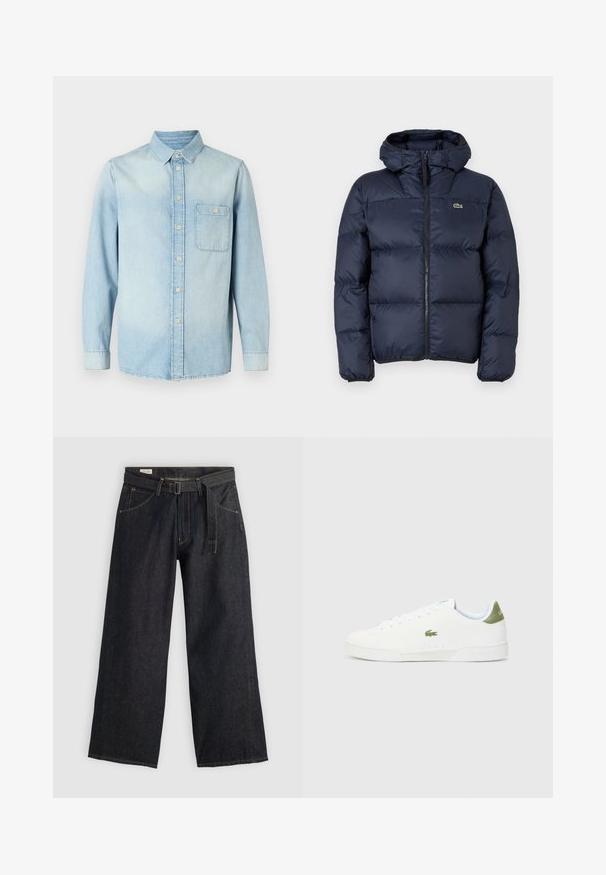 Temno modra podložena jakna z zadrgo spredaj in kapuco. Ima prešito zasnovo in majhen vezen logotip na prsih. Gladek sintetični material.; Svijetloplava traper košulja dugih rukava, sa dugmadi sprijeda, ovratnikom i jednim džepom na prsima. Glatka tekstura i klasičan dizajn.; Temne jeans hlače širokega kroja z pasom na zadrgo, ki imajo sprednje žepe in kontrastno šivanje. Gladka struktura z brezhibnim dizajnom.; Bele tene čevlje z gladko teksturo, ki imajo zeleno poudarjanje na peti in majhen vezen kroko logo ob strani.