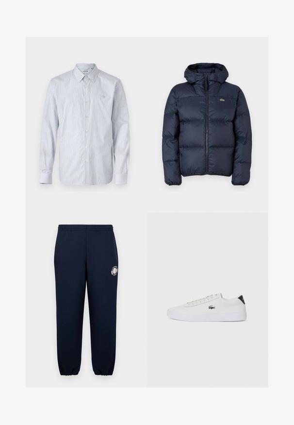 Temno modra podložena jakna z zadrgo spredaj in kapuco. Ima prešito zasnovo in majhen vezen logotip na prsih. Gladek sintetični material.; Prugasta majica s dugim rukavima u svijetloplavoj i bijeloj boji, izrađena od kombinacije pamuka. Ima dugmad za zatvaranje, klasični ovratnik i mali izvezeni logotip na prsima.; Temno modri trenirke iz mehkega bombaža z elastičnimi manšeti in pasom. Na levi nogi se nahaja bel logotip Lacoste Paris.; Bela usnjena tenisa s okroglo sapo, vezavi na sprednji strani in črnim poudarkom na peti. Ima majhen izšit kroko logo na strani.