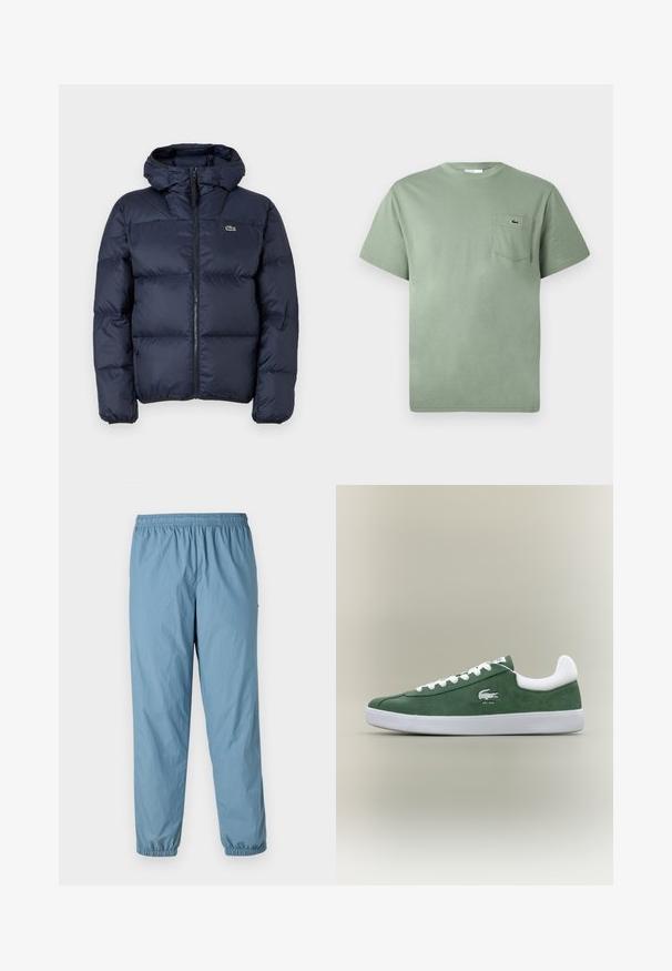 Marineblaue gepolsterte Jacke mit Reißverschluss vorne und Kapuze. Verfügt über ein gestepptes Design und ein kleines gesticktes Logo auf der Brust. Glattes, synthetisches Material.; Hellgrünes Baumwoll-T-Shirt mit kurzen Ärmeln und einer Brusttasche, die ein kleines gesticktes Krokodil-Logo zeigt.; Blaue, leichte, elastische Hose mit schmalem Bein und elastischen Bündchen; verfügt über ein kleines Logo an der Seite. Glattes, wasserabweisendes Material.; Niedrig geschnittene grüne Wildleder-Sneaker mit weißen Schnürsenkeln, weißer Sohle, gepolstertem Fersenkragen und gesticktem Krokodil-Logo mit dem Text "EST. 1933".