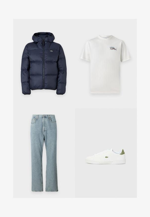 Casaco acolchoado azul-marinho com fecho éclair à frente e capuz. Apresenta um design quilted e um pequeno logótipo bordado no peito. Tecido sintético liso.; T-shirt de algodão branco com decote redondo, mangas curtas e um pequeno logótipo bordado apresentando montanhas e texto no lado esquerdo do peito.; Calças de ganga de denim azul claro com cintura alta, pernas largas e direitas, e costura simples. Apresenta cinco bolsos e um fecho clássico de botão.; Tênis brancos com uma textura suave, apresentando um detalhe verde no calcanhar e um pequeno logotipo de crocodilo bordado na lateral.