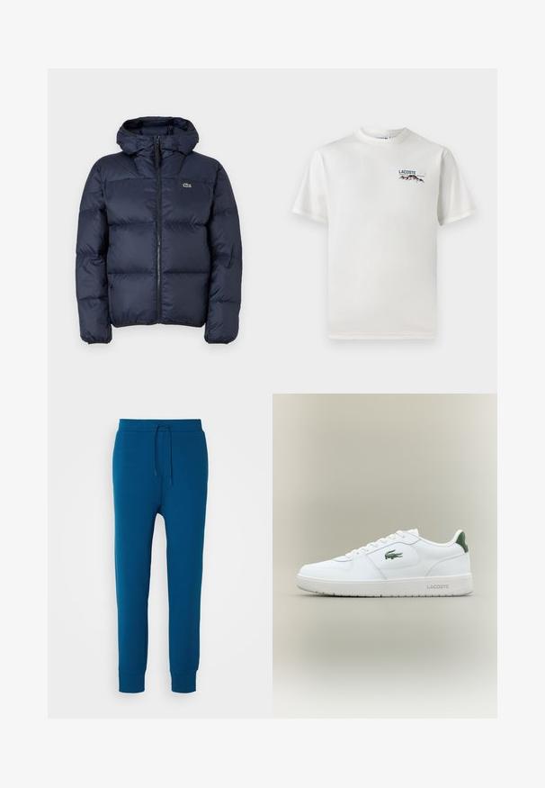 Jūras zila frotē jaka ar rāvējslēdzēju un kapuci. Iespējas: kvadrātveida dizains un mazs izšūts logotips uz krūšu. Gluda, sintētiska auduma.; Balts kokvilnas T-krekls ar apaļu kakla izgriezumu, īsām piedurknēm un mazu izšūtu logo ar kalniem un tekstu kreisajā krūtīs.; BOSS HADIKO - Treniņtērpa apakšdaļas - open blue; Baltas ādas sneakers ar gludu apdari, zaļiem akcentiem uz papēža un zaļu logotipu sānos. Iezīmē platu zoli un apaļu pirkstu.