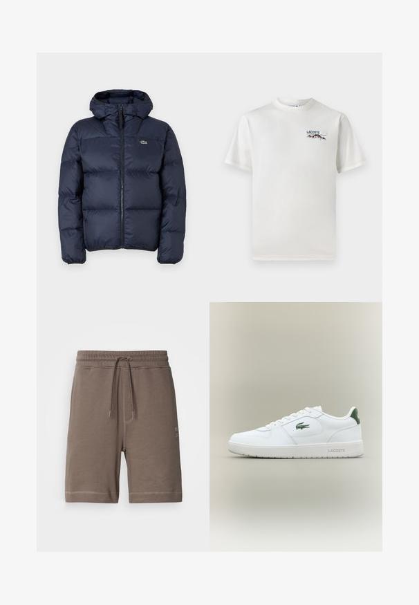 Casaco acolchoado azul-marinho com fecho éclair à frente e capuz. Apresenta um design quilted e um pequeno logótipo bordado no peito. Tecido sintético liso.; T-shirt de algodão branco com decote redondo, mangas curtas e um pequeno logótipo bordado apresentando montanhas e texto no lado esquerdo do peito.; Calças curtas de algodão castanho com cintura elástica, cordão ajustável e bolsos laterais. Apresenta costuras em contraste e um patch de logótipo.; Sapatilha de couro branca com um acabamento suave, detalhes verdes no calcanhar e um logótipo verde na lateral. Apresenta sola plana e bico redondo.