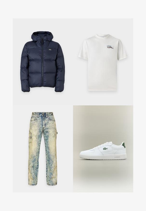 Marineblaue gepolsterte Jacke mit Reißverschluss vorne und Kapuze. Verfügt über ein gestepptes Design und ein kleines gesticktes Logo auf der Brust. Glattes, synthetisches Material.; Weißes Baumwoll-T-Shirt mit rundem Halsausschnitt, kurzen Ärmeln und kleinem gesticktem Logo mit Bergen und Text auf der linken Brust.; Lässige Cargo-Hosen aus verblichenem blauen Denim, mit mehreren Taschen, sichtbaren Nähten und einer abgenutzten Textur mit leichten Falten.; Weiße Leder-Sneaker mit glatter Oberfläche, grünen Akzenten an der Ferse und einem grünen Logo an der Seite. Verfügt über eine flache Sohle und eine runde Zehenform.