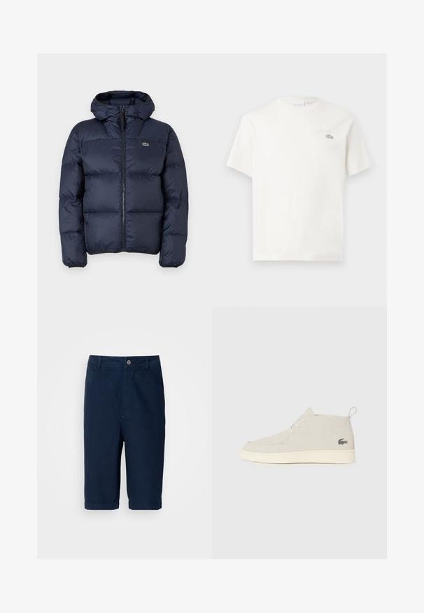 Chaqueta acolchada de color azul marino con cierre de cremallera en la parte delantera y capucha. Presenta un diseño acolchado y un pequeño logo bordado en el pecho. Tejido sintético suave.; Camiseta blanca de algodón con mangas cortas, que presenta un sutil logo bordado y un diseño minimalista. Textura suave, escote de cuello redondo.; Pantalones cortos azul marino de algodón con corte recto, cierre de botón y trabillas para cinturón. Presenta dobladillos acampanados y dos bolsillos laterales.; Botas de tobillo de ante gris claro con punta redonda, suela de goma blanca y un sutil detalle de logo en el costado. Presenta cierre con cordones.