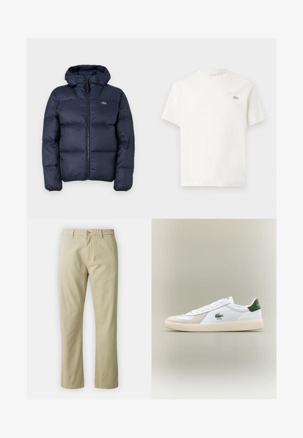 Marineblaue gepolsterte Jacke mit Reißverschluss vorne und Kapuze. Verfügt über ein gestepptes Design und ein kleines gesticktes Logo auf der Brust. Glattes, synthetisches Material.; Weißes Baumwoll-T-Shirt mit kurzen Ärmeln, das ein dezentes gesticktes Logo und ein minimalistisches Design aufweist. Weiche Textur, runder Halsausschnitt.; Beige Baumwollhose mit geradem Bein, mit vorderem Knopfverschluss und Gürtelschlaufen. Glatte Textur, keine sichtbaren Muster oder Akzente.; Weiße Sneakers mit grünen Akzenten, aus Wildleder und Leder, runde Zehenpartie, strukturiertes Profil und gesticktes Logo an der Seite und auf der Zunge.