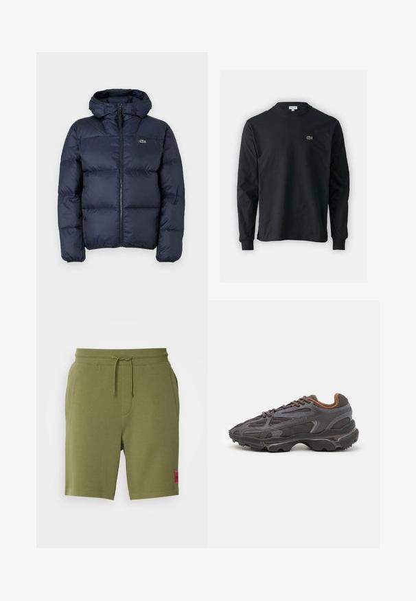 Jachetă căptușită de culoare albastru marin, cu fermoar în față și glugă. Prezintă un design matlasat și un mic logo brodat pe piept. Țesătură sintetică netedă.; Tricou negru cu mânecă lungă, realizat din bumbac, cu un guler rotund și un mic logo brodat cu un crocodil verde pe partea stângă a pieptului.; HUGO DIZ - Pantaloni de trening - open green; Adidași Lacoste de culoare gri închis, din material mesh și sintetic, cu o talpă texturată și accente maronii pe guler și branding.