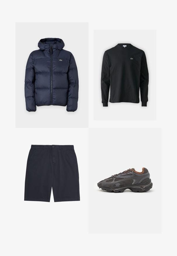 Mörkblå vadderad jacka med dragkedja fram och huva. Har en quiltad design och en liten broderad logotyp på bröstet. Slätt, syntetiskt tyg.; Svart långärmad t-shirt i bomull, med rund halsringning och en liten grön broderad krokodil-logotyp på vänster bröst.; Mörkblå casual shorts för män med knappstängning, bälteshällor och sidofickor, uppställda på en vit bakgrund.; Lacoste-sneakers i mörkgrått med nät och syntetmaterial, med en strukturerad sula och bruna detaljer på kragen och varumärket.