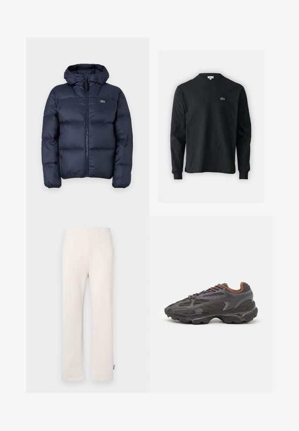 Marinblå polstret jakke med lynlås foran og hætte. Har quiltet design og lille broderet logo på brystet. Glat, syntetisk stof.; Sort langærmet t-shirt lavet af bomuld, med rund halsudskæring og et lille grønt broderet krokodillelogo på venstre bryst.; Beige bomulds-sweatpants med elastisk talje og broderet logo. Lige ben design med en glat tekstur og subtile syninger.; Lacoste sneakers i mørkegrå med mesh og syntetisk materiale, udstyret med en tekstureret sål og brune accenter på kraven og brandingen.