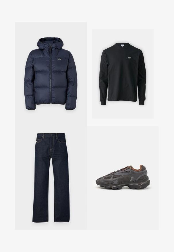 Jūras zila frotē jaka ar rāvējslēdzēju un kapuci. Iespējas: kvadrātveida dizains un mazs izšūts logotips uz krūšu. Gluda, sintētiska auduma.; Melna garām piedurknēm t-krekls, izgatavots no kokvilnas, ar apaļu kakla izgriezumu un mazu zaļu izšūtu krokodila logo kreisajā krūtī.; Tumši zila džinsu bikses ar taisnām kājām, kontrastējošām dzeltenām šuvēm, klasisku piecu kabatu dizainu un pogu aizdari jostasvietā.; Lacoste kedas tumši pelēkā krāsā ar acu audumu un sintētisko materiālu, ar teksturētu zoli un brūniem akcentiem apkaklītē un zīmola uzrakstā.