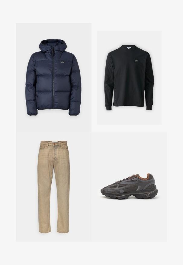 Navy blue padded jacket with a zip front and hood. Features quilted design and small embroidered logo on the chest. Smooth, synthetic fabric.; Black long-sleeve t-shirt made of cotton, featuring a round neckline and a small green embroidered crocodile logo on the left chest.; Beige denim jeans with a straight-leg design, featuring a button closure, five pockets, and subtle whiskering texture throughout.; Lacoste sneakers in dark gray with mesh and synthetic material, featuring a textured sole and brown accents on the collar and branding.