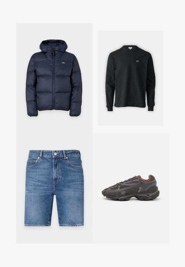 Navy blue padded jacket with a zip front and hood. Features quilted design and small embroidered logo on the chest. Smooth, synthetic fabric.; Black long-sleeve t-shirt made of cotton, featuring a round neckline and a small green embroidered crocodile logo on the left chest.; Denim shorts in a medium blue wash with a straight cut, five-pocket design, and top button closure. Features contrasting stitching.; Lacoste sneakers in dark gray with mesh and synthetic material, featuring a textured sole and brown accents on the collar and branding.