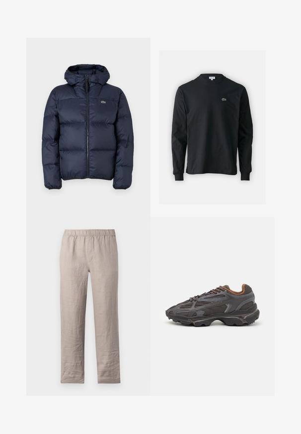 Chaqueta acolchada de color azul marino con cierre de cremallera en la parte delantera y capucha. Presenta un diseño acolchado y un pequeño logo bordado en el pecho. Tejido sintético suave.; Camiseta de manga larga negra de algodón, con escote redondo y un pequeño logo de cocodrilo bordado en verde en el lado izquierdo del pecho.; Pantalones de lino color beige claro con cintura elástica, diseño de pierna recta y sin bolsillos visibles. Textura suave con ligeras arrugas.; Zapatillas Lacoste en gris oscuro con material de malla y sintético, que cuentan con una suela texturizada y detalles en marrón en el cuello y la marca.