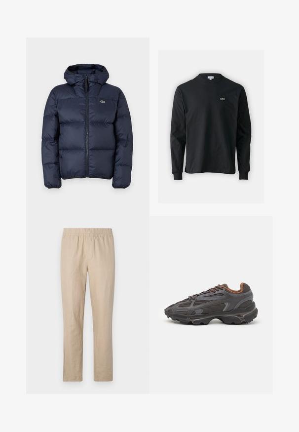 Tamsiai mėlyna pūkinė striukė su užtrauktuku ir kapišonu. Yra siuvinėtas logotipas ant krūtinės ir išsiuvinėta dizaino detalė. Sklandus, sintetinės medžiagos audinys.; Juodas ilgomis rankovėmis marškinėliai iš medvilnės, turintys apvalią iškirptę ir mažą žalią išsiuvinėtą krokodilo logotipą kairėje krūtinės pusėje.; Bežinės lininės kelnės su elastingu juosmeniu, tiesaus kirpimo dizainu ir minimaliais siūlais, suteikiančiais lygią tekstūrą ir lengvą pojūtį.; Lacoste sportbačiai tamsiai pilki, pagaminti iš tinklinės ir sintetinių medžiagų, su tekstūruotu padu ir rudomis detalėmis ant apykaklės bei prekės ženklo.
