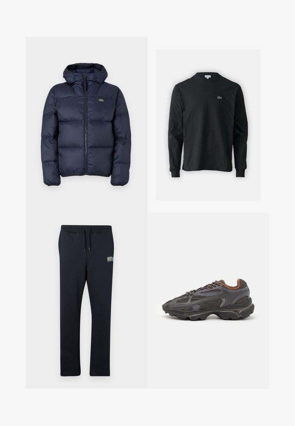 Marineblaue gepolsterte Jacke mit Reißverschluss vorne und Kapuze. Verfügt über ein gestepptes Design und ein kleines gesticktes Logo auf der Brust. Glattes, synthetisches Material.; Schwarzes Langarm-T-Shirt aus Baumwolle, mit Rundhalsausschnitt und einem kleinen grünen, gestickten Krokodil-Logo auf der linken Brust.; Navy Sweatpants aus weichem Material mit elastischem Bund und Kordelzug, versehen mit einem kleinen Drucklogo auf dem linken Oberschenkel.; Lacoste Sneaker in Dunkelgrau aus Mesh und Synthetikmaterial, mit einer strukturierten Sohle und braunen Akzenten am Kragen und Logo.