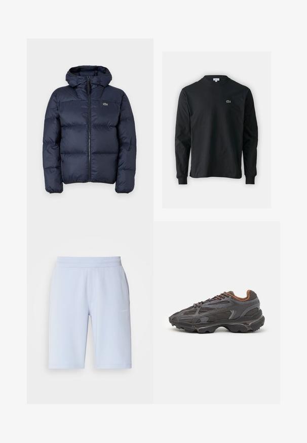 Sötétkék párnázott dzseki cipzáros elülső résszel és kapucnival. Steppelt kialakítású, kicsi hímzett logóval a mellkasán. Simább, szintetikus anyag.; Fekete hosszú ujjú pamut póló, kerek nyakkivágással, bal mellen egy kis zöld hímzett krokodil logóval.; Világoskék sportnadrágok, puha anyagból készült, elasztikus derékkal és oldalsó zsebekkel. Kicsi logó részlet az elején.; Sötét szürke Lacoste sportcipők hálós és szintetikus anyagból, textúrázott talppal és barna díszítésekkel a nyak részen és a logón.