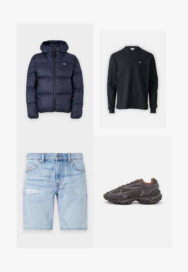 Námornícky modrá páperová bunda so zipsom vpredu a kapucňou. Obsahuje prešité vzory a malé vyšívané logo na hrudi. Hladká syntetická tkanina.; Čierne tričko s dlhým rukávom vyrobené z bavlny, s okrúhlym výstrihom a malým zeleným vyšívaným logom krokodíla na ľavej hrudi.; Svetlomodré denimové šortky s vyblednutým efektom, obsahujúce roztrhnutie na ľavom stehne a klasický dizajn s piatimi vreckami. Zapínanie na kovový gombík.; Lacoste tenisky v tmavo sivej farbe z nylonu a syntetického materiálu, s textúrovanou podrážkou a hnedými akcentami na golieri a brandingu.