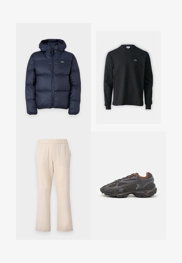 Veste matelassée bleu marine avec fermeture éclair à l'avant et capuche. Présente un design matelassé et un petit logo brodé sur la poitrine. Tissu synthétique lisse.; T-shirt noir à manches longues en coton, avec un col rond et un petit logo de crocodile brodé vert sur la poitrine gauche.; Pantalons évasés beiges avec une taille élastique, deux poches avant et une texture en coton lisse. Pas de motifs ou de matériel visibles.; Baskets Lacoste en gris foncé, en matériau mesh et synthétique, avec une semelle texturée et des accents marron sur le col et le branding.