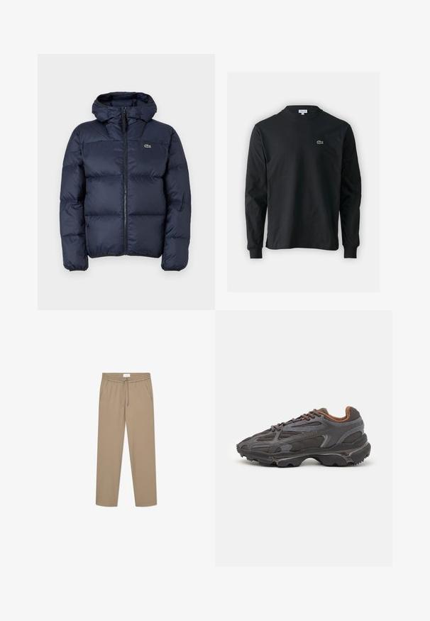 Casaco acolchoado azul-marinho com fecho éclair à frente e capuz. Apresenta um design quilted e um pequeno logótipo bordado no peito. Tecido sintético liso.; Camisola preta de manga longa feita de algodão, com decote redondo e um pequeno logótipo de crocodilo bordado em verde no lado esquerdo do peito.; Calças elásticas bege com cintura elástica e cordão, apresentando dois bolsos laterais e um corte reto. Textura suave.; Ténis Lacoste em cinza-escuro com material em malha e sintético, apresentando uma sola texturizada e detalhes castanhos na gola e na marca.