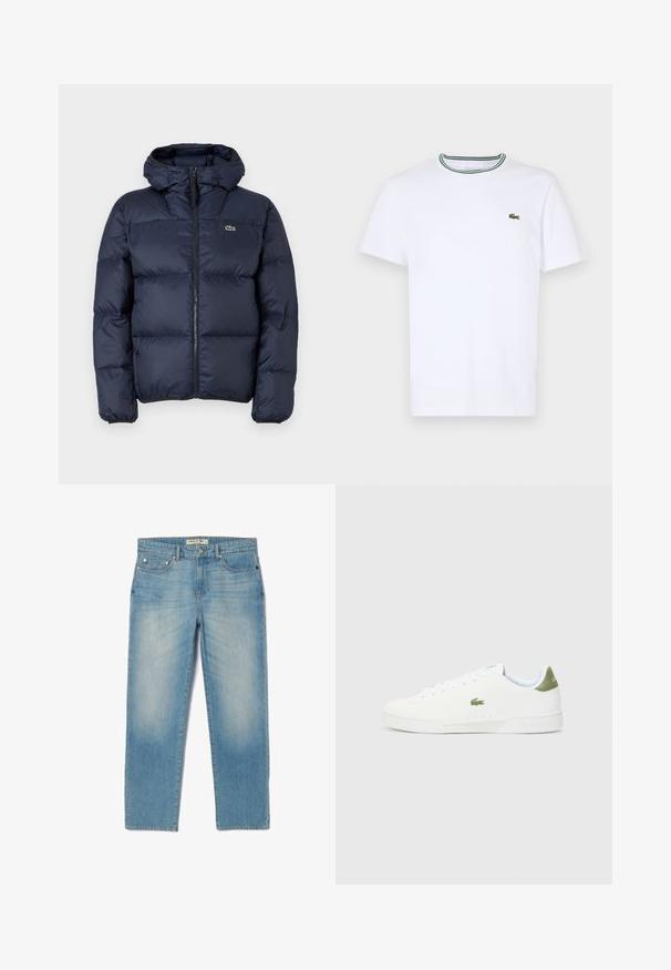 Námorně modrá vycpaná bunda se zipem vpředu a kapucí. Obsahuje prošívaný design a malé vyšívané logo na hrudi. Hladká, syntetická tkanina.; Bílý bavlněný tričko s krátkým rukávem a lemovaným límečkem se zelenými a černými pruhy; malé zelené vyšívané logo na levé hrudi.; Světle modré džíny s rovnými nohavicemi, pěti kapsami a mírně vybledlým vzhledem. Obsahují stříbrné kování a štítek s logem na pase.; Bílé tenisky s hladkým povrchem, s zeleným akcentem na patě a malým vyšívaným logem krokodýla na boku.