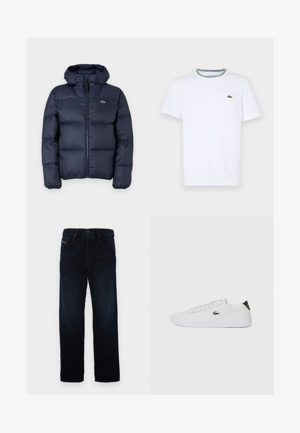 Casaco acolchoado azul-marinho com fecho éclair à frente e capuz. Apresenta um design quilted e um pequeno logótipo bordado no peito. Tecido sintético liso.; T-shirt branco de algodão de mangas curtas com colarinho canelado, apresentando riscas verdes e pretas; pequeno logotipo verde bordado no lado esquerdo do peito.; Calças de ganga azul-escuro com um design de perna reta, apresentando um bolso frontal e um fecho de botão. O tecido tem uma textura suave e um brilho subtil.; Sapatilha de couro branco com biqueira arredondada, atacadores na frente e detalhe preto no calcanhar. Apresenta um pequeno logótipo de crocodilo bordado na lateral.