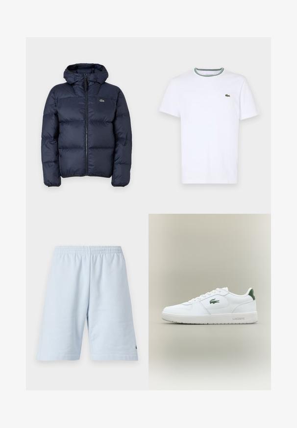 Tamsiai mėlyna pūkinė striukė su užtrauktuku ir kapišonu. Yra siuvinėtas logotipas ant krūtinės ir išsiuvinėta dizaino detalė. Sklandus, sintetinės medžiagos audinys.; Balta medvilninė trumpo rankovės marškinėliai su įsiūtu apykakle, dekoruota žaliais ir juodais dryžiais; mažas žalias siuvinėtas logotipas kairėje krūtinės pusėje.; Šviesiai mėlyni medvilniniai šortai su elastine juosmena. Pasižymi paprastu, vientisu dizainu ir atvirais kraštais. Logotipo akcentas apatinėje krašto dalyje.; Balti odiniai sportbačiai su lygiu paviršiumi, žaliais akcentais ant kulno ir žalia logotipu šone. Siūlo plokščią pado struktūrą ir apvalią nosį.