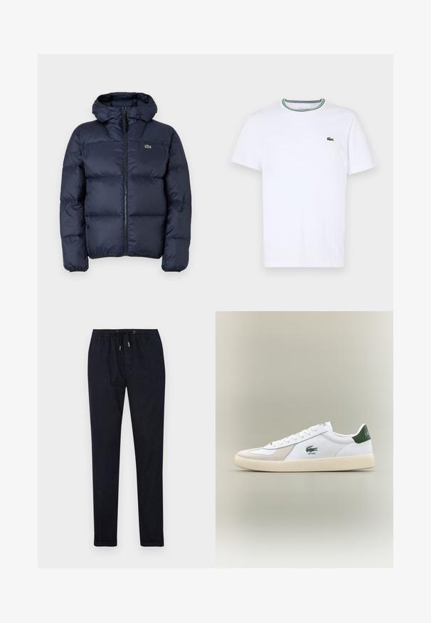Temno modra podložena jakna z zadrgo spredaj in kapuco. Ima prešito zasnovo in majhen vezen logotip na prsih. Gladek sintetični material.; Bela bombažna majica s kratkimi rokavi z ribastim ovratnikom, ki ima zelene in črne črte; majhen zeleni vezen logotip na levem prsnem delu.; Temno modri trenirki z elastičnim pasom, vrvico, zoženimi hlačnicami in gladko teksturo. Vključujejo stranske žepe in diskretno šivanje.; Bela tenisa z zelenimi dodatki, iz semiša in usnja, okrogla konica, teksturiran podplat ter izšit logotip na strani in jeziku.