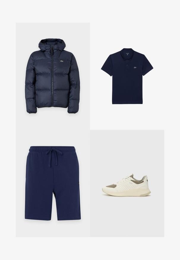 Veste matelassée bleu marine avec fermeture éclair à l'avant et capuche. Présente un design matelassé et un petit logo brodé sur la poitrine. Tissu synthétique lisse.; Polo bleu marine en coton ; dotée d'un col classique, de manches courtes et d'un petit logo brodé blanc sur la poitrine gauche.; Shorts bleu marine en mélange de coton doux, dotés d'une taille élastique avec cordon de serrage et de poches latérales.; Basket de sport blanche et beige clair, avec une tige en maille, des détails perforés et une semelle intermédiaire texturée avec un logo sur le talon.