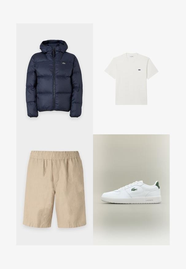 Navy blue padded jacket with a zip front and hood. Features quilted design and small embroidered logo on the chest. Smooth, synthetic fabric.; White cotton t-shirt with short sleeves and a crew neckline. Features a small, embroidered Lacoste logo on the left chest.; Beige cotton shorts with an elastic waistband, featuring a relaxed fit and smooth texture. No visible pockets or patterns.; White leather sneaker with a smooth finish, green accents on the heel, and a green logo on the side. Features a flat sole and round toe.