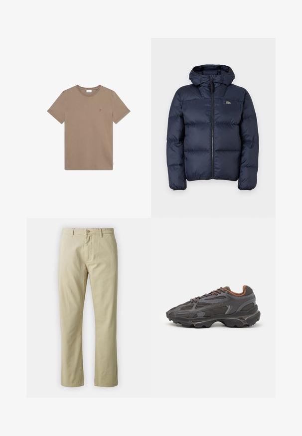 Tamsiai mėlyna pūkinė striukė su užtrauktuku ir kapišonu. Yra siuvinėtas logotipas ant krūtinės ir išsiuvinėta dizaino detalė. Sklandus, sintetinės medžiagos audinys.; Rudas medvilninis marškinėliai su apvalia iškirpte, trumpomis rankovėmis ir mažuoju raudonu logotipu "II" ant krūtinės. Paprastas dizainas ir glotni tekstūra.; Bežiniai medvilniniai kelnės su tiesiais blauzdomis, priekyje su mygtukų uždarymu ir diržo kilpomis. Lygus paviršius, nėra matomų raštų ar akcentų.; Lacoste sportbačiai tamsiai pilki, pagaminti iš tinklinės ir sintetinių medžiagų, su tekstūruotu padu ir rudomis detalėmis ant apykaklės bei prekės ženklo.